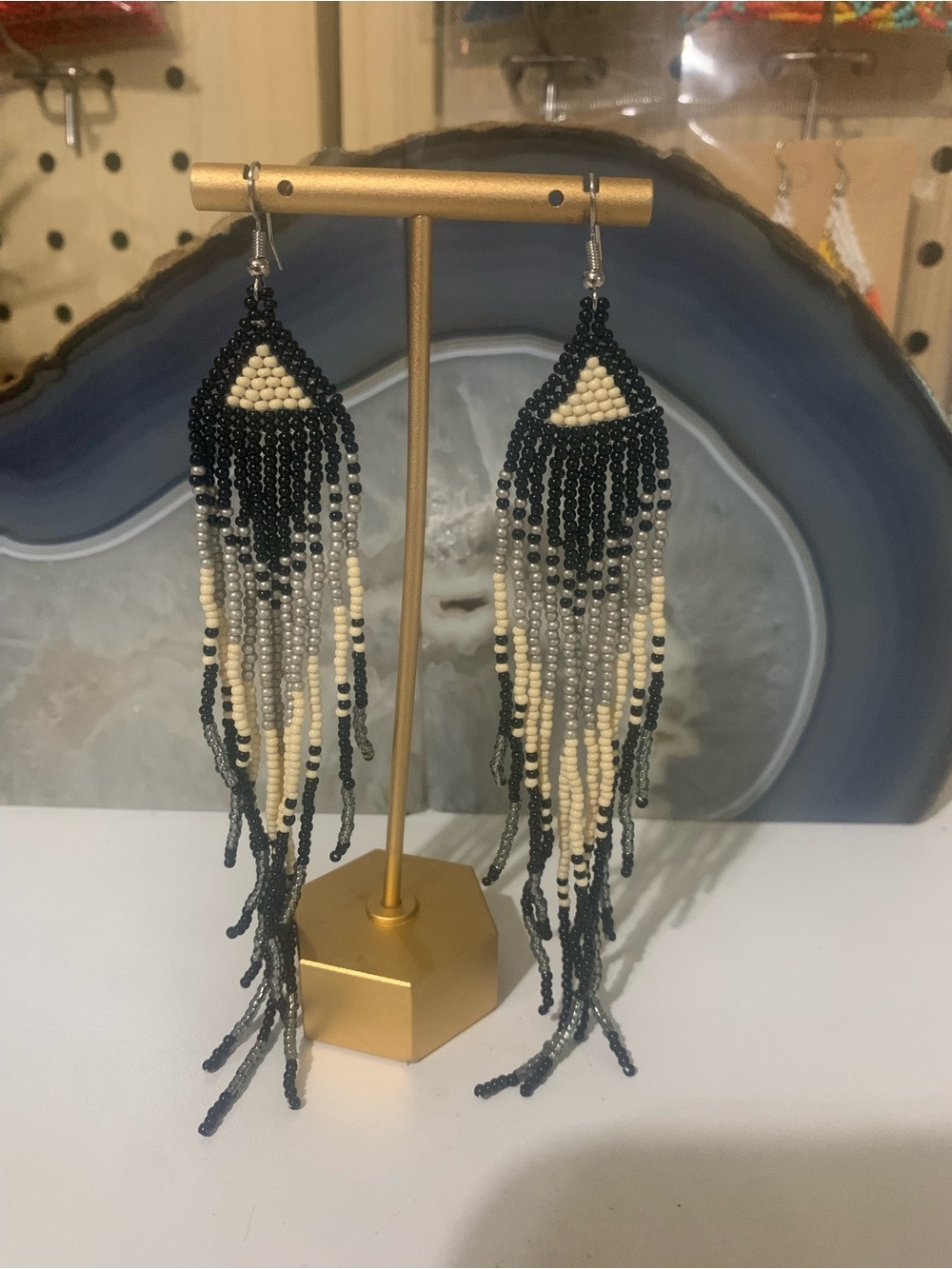 Black and Cream Beaded Fringe Triangle Earrings